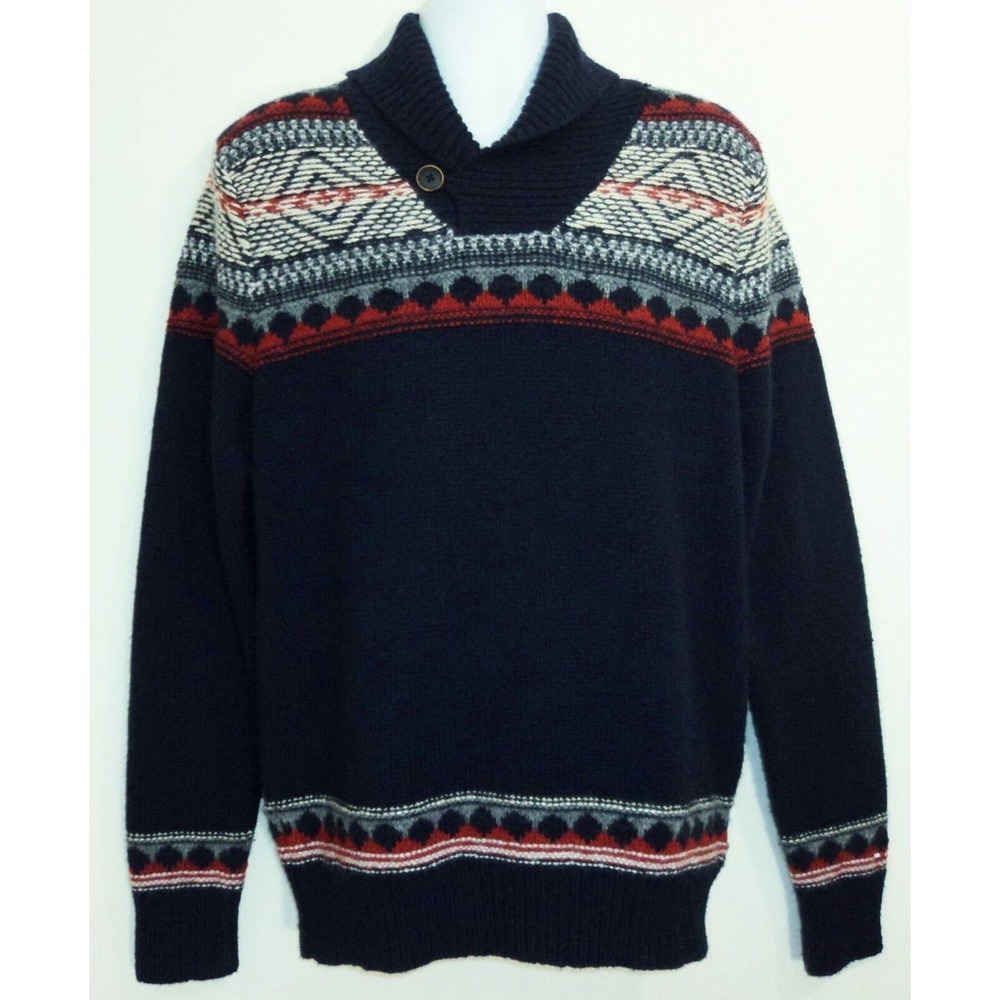 Tommy Hilfiger Mens L 100% Wool Sweater Southwestern Navy Shawl Button Collar